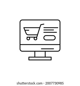 E-commerce monitor, grocery cart, button outline vector icon.