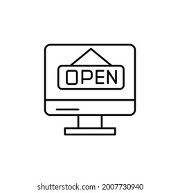 E-commerce monitor, sign, open outline vector icon.