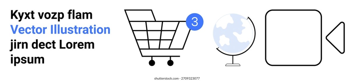 Video Comercio electrónico, navegación, herramientas de medios, conectividad global, notificaciones, contenido. Carrito de compras Video con notificación, globo terráqueo Botón e ícono de juego. Concepto de comercio electrónico y navegación