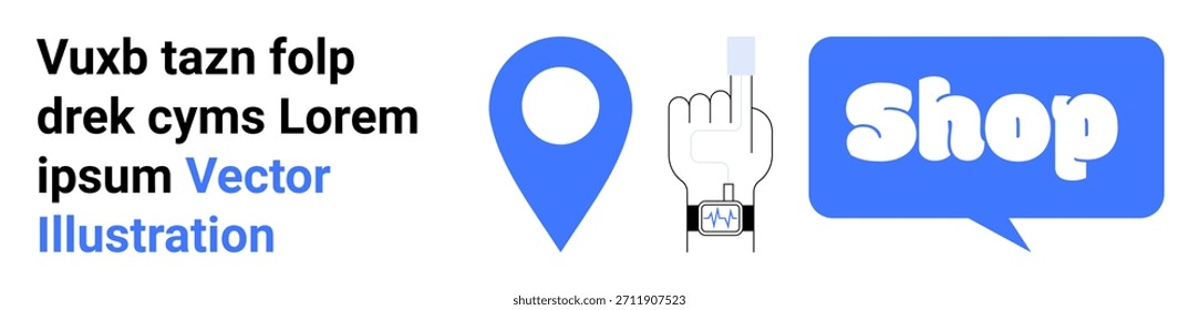 Comercio electrónico, navegación, compras en línea, servicios basados en la ubicación, tecnología móvil, marketing minorista. Un pin de ubicación, un gesto de mano de reloj inteligente y una burbuja de discurso de la tienda. Comercio electrónico y navegación