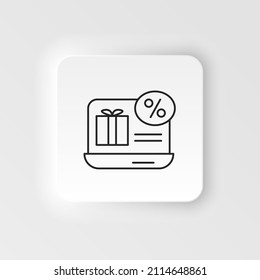 E-commerce neumorphic style vector icon laptop, giftbox, discount outline vector icon