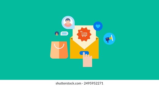 Ecommerce newsletter marketing, Sending promotional newsletter to customer, Digital advertising network, Vector illustration background with icons