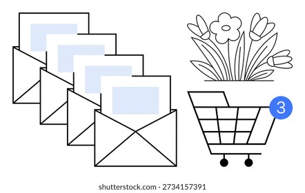 E-commerce, notifications, communication, messaging, floral delivery, digital shopping. Envelopes with letters, flower bouquet and shopping cart with notification. E-commerce and notifications
