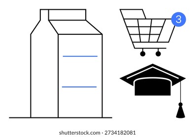 Comercio electrónico, notificaciones, aprendizaje en línea, accesibilidad a la educación, eficiencia de compras, iconografía minorista. Carrito de compras con notificación, tapa de graduación de cartón de leche. Comercio electrónico