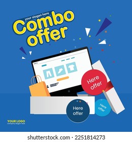 Ecommerce offer banner design vector with combo offer. Banner announcing mega discount from online shopping website. Special offer with 50 percent off advertisement. Social media banner template.