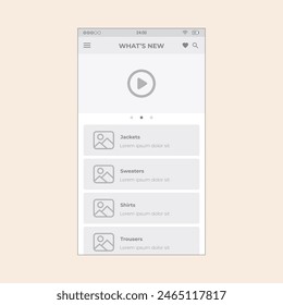 Ecommerce offers category screen with video slider. Vector mobile wireframe editable design for mobile, with sample data and real user interface graphic details ready for ux and ui projects.