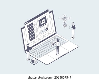 E-Commerce Omnichannel Orden Isometric Illustration Lineal Gray. Adecuado para aplicaciones móviles, sitio web, banner, diagramas, infografías y otros activos gráficos.