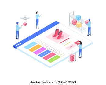 E-Commerce Omnichannel Synchronization Stock  Isometric Illustration. Suitable for Mobile App, Website, Banner, Diagrams, Infographics, and Other Graphic Assets.