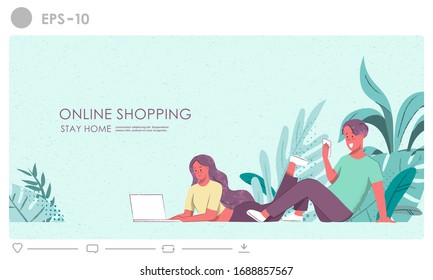 Ecommerce on mobile application concept illustration.Online shopping on website and social media vector concept. Social distance effect of coronavirus outbreak 2020. Shop and store 24 hours open. 