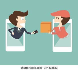 e-commerce on mobile - businessman payments from credit card on the screen