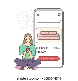 E-commerce on smartphone concept. Young woman makes purchases via phone online, choosing product. Shopping cart with furniture. 