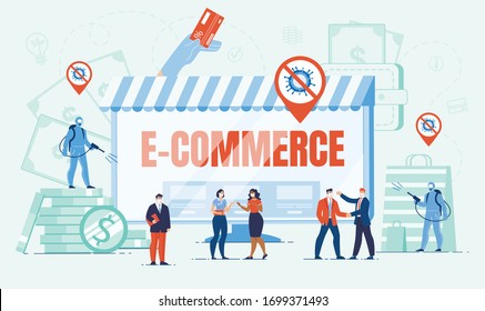 E-Commerce and Online Business Development in Covid19 Pandemic Quarantine. Businesspeople in Respiratory Mask Making Secure Deal, Conducting Safety Virtual Transaction, Disinfecting Ordered Purchase