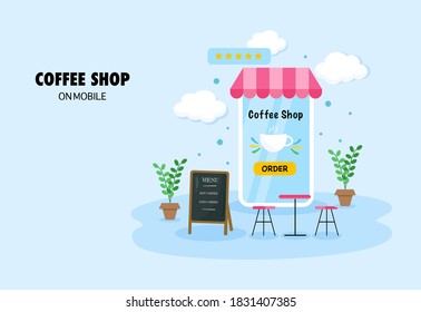 E-commerce online concept. Coffee order delivery on mobile. Web Page and application on smartphone design. Flat style vector illustration.
