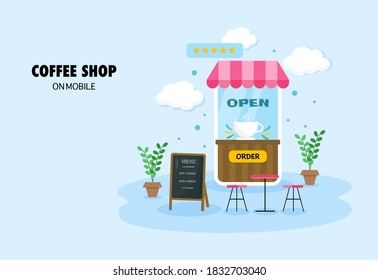 E-commerce online concept. Coffee order delivery on mobile. Web Page and application on smartphone design. Flat style vector illustration.