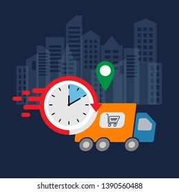 Ecommerce - online delivery service. Internet shopping concept with delivery truck and geolocation pin. Fast shipping web banner