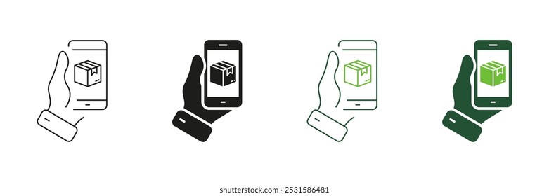 Comercio electrónico, línea de servicio de entrega en línea y conjunto de iconos de silueta. Símbolo de envío de compra. Teléfono móvil con la mano humana del Iniciar sesión de la caja. Trazo Editable. Ilustración vectorial aislada.