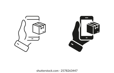 Ecommerce. Online Delivery Service Line and Silhouette Icon Set. Purchase Shipping Symbol. Editable Stroke. Isolated Vector Illustration.