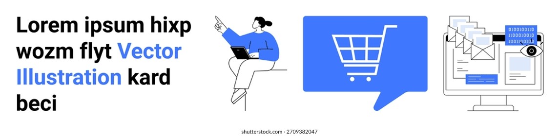 E-commerce, online learning, digital workflow, office tools, graphic presentations, networking. Woman with laptop, shopping icon and document interface. E-commerce and online learning concepts
