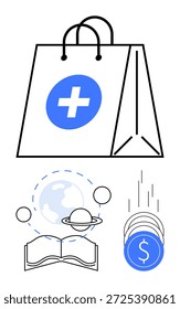 Comércio eletrônico, aprendizagem em linha, serviços financeiros, educação global, conhecimento espacial, oportunidades de investimento. Saco de compras com símbolo médico, livro aberto com planetas e moedas com sinal de dólar