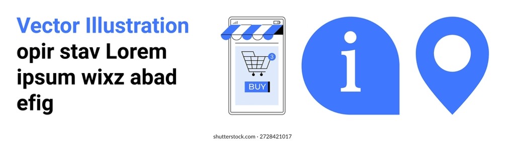 E-commerce, online navigation, shopping apps, digital retail, customer experience, local services. Shopping cart app, info symbol and map marker. E-commerce and online navigation concept