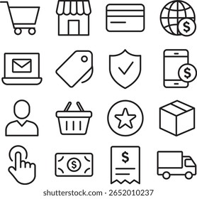 E-commerce and Online Payment Minimalist Line Icon Set – 16 Icons
