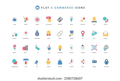 Ecommerce, online payment and purchase, quality of commercial customer service, shop promotion color icon set. Shipping location on map, gift and discount coupon flat elements vector illustration