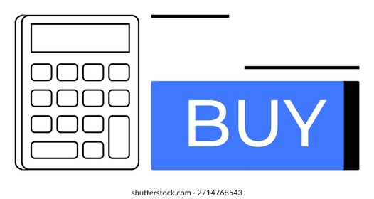 Comércio eletrônico, pagamentos em linha, ferramentas de orçamento, planeamento financeiro, compras digitais, tendências de compras. Ilustração do conceito da calculadora e do botão de compra. Ideias sobre comércio eletrônico e pagamentos em linha