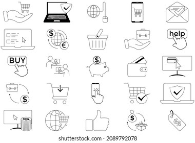 E-commerce and online payments icon set. High quality information single outline symbol for web design or mobile app. Vector icons isolated on a white background. Editable Stroke.