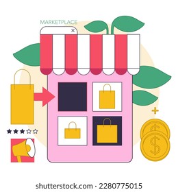 E-Commerce und Online-Handel. Entwicklung des Unternehmens im Internet. Charaktere, die Geld verkaufen Waren auf dem digitalen Markt und Speicher. Flache Vektorgrafik