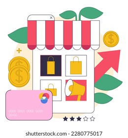 Comercio electrónico y venta al por menor en línea. Desarrollo del negocio en internet. Personajes ganando dinero vendiendo bienes en el mercado digital y en la tienda. Ilustración vectorial plana