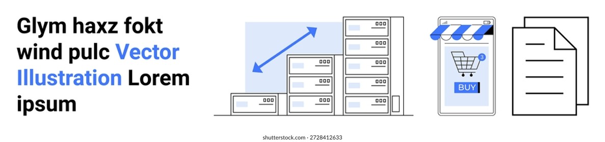 E-commerce, online retail, digital platforms, business analytics, file management, commercial growth. Illustrated shopping cart and digital store, bar graph documents. E-commerce and online retail