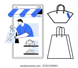 Comércio eletrônico, retalho online, montras digitais, tendências de compras, bens de consumo, plataformas de transações. Smartphone com loja, sacolas de compras e produtos. Conceitos de e-commerce e varejo online
