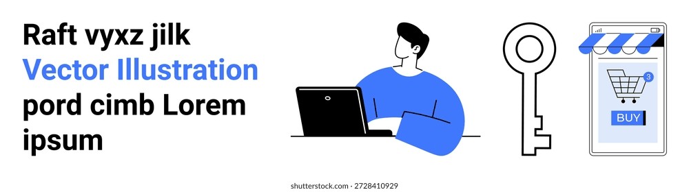 E-Commerce, Online-Sicherheit, digitale Zahlungen, Kundenzugang, Einzelhandelstechnologie und Datenschutz. Illustration eines Shoppers mit Laptop, Schlüssel und digitalem Speicher. E-Commerce und Online-Sicherheit