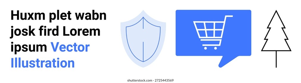 Comercio electrónico, seguridad en línea, naturaleza, marketing digital, conciencia ambiental, ciberseguridad. Escudo azul, Carrito de compras en la burbuja del discurso y contorno del árbol. Comercio electrónico y seguridad en línea tema