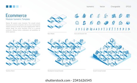 Ecommerce, Online shop, customer journey modular isometric constructor. Seamless pattern base, line icon, character set. Develop, growth up stairs, teamwork concept. Market platform business infograph