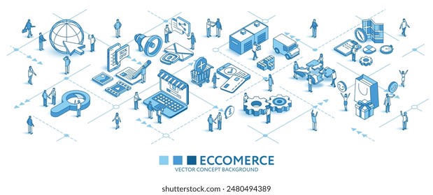 Ecommerce, tienda en línea, Cliente viaje isométrico patrón sin fisuras. Icono de línea 3d, carácter de persona, flecha. Mercado, Desarrollar, infografía de negocios. Vector de fondo de trabajo en equipo concepto ilustración.