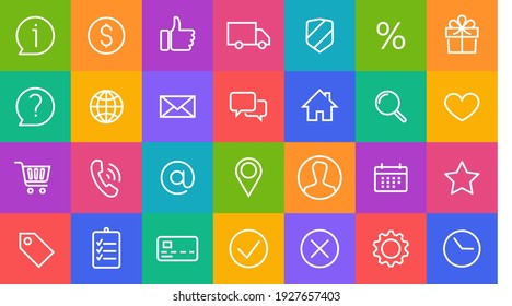 E-commerce online shop icons. Home location, globe, user chat, email, phone, Info, mobile, buttons, pattern seamless, service. banner template, background vector line symbols of delivery and shipping.