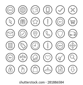 E-commerce. Online shop linear icons set. Vector line art symbols in circle isolated on white