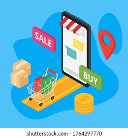 E-Commerce tienda online ilustración vectorial diseño plano isométrico