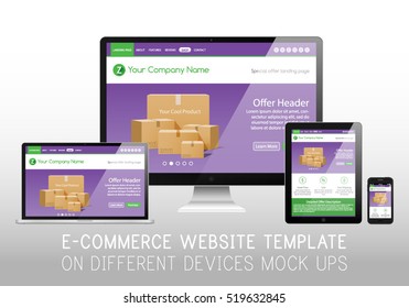 E-Commerce Online Shop Web Site Landing Page Mockup Template Layout on Smartphone, Tablet, Laptop and Monoblock Vector Illustration

