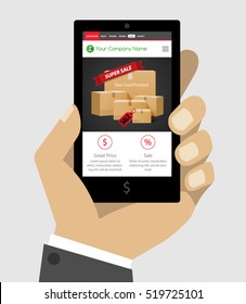 E-Commerce Online Shop Web Site Product Page Black Friday Mockup Template Layout with Human Hand Holding Smartphone Vector Illustration