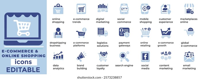 E-commerce, Online, ShopE commerce and online shopping vector icons featuring carts, payments, stores, delivery, discounts, and digital 