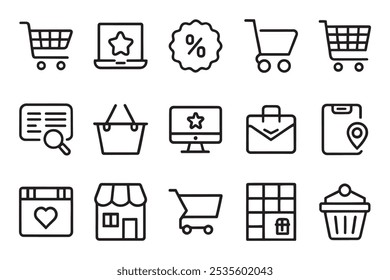 ECommerce Online-Shopping ähnliche bearbeitbare Symbolgruppe einzelne flache Vektorgrafik weißer Hintergrund.