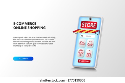 e-commerce and online shopping app on the 3D smartphone perspective with red outline fashion icon with white background
