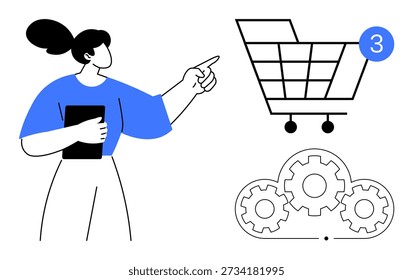 E-commerce, online shopping, automation, shopping experience, digital transactions, cloud technology. Woman pointing at a shopping cart icon with gears and a cloud. E-commerce and automation concept