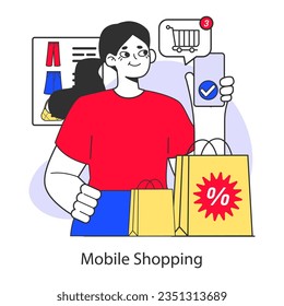 E-commerce. Online shopping with a big discount and special offer. Character purchasing goods in the internet, in mobile app or social media blog. Flat vector illustration