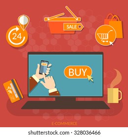E-commerce online shopping buy now concept hands using smart phone for internet market vector  