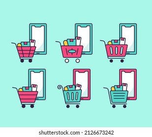 ecommerce online shopping by smartphone icon collection set filled outline style