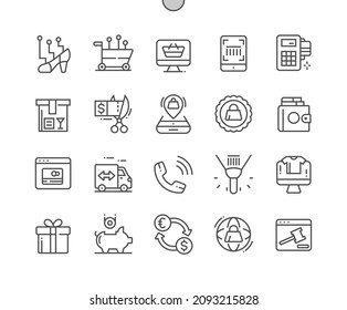 Ecommerce. Online shopping. Cashless payment. Currency exchange. Auction. Pixel Perfect Vector Thin Line Icons. Simple Minimal Pictogram