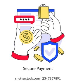 E-commerce. Online shopping, character purchasing goods in mobile app or social media blog. Secure online transaction for purchase payment. Flat vector illustration